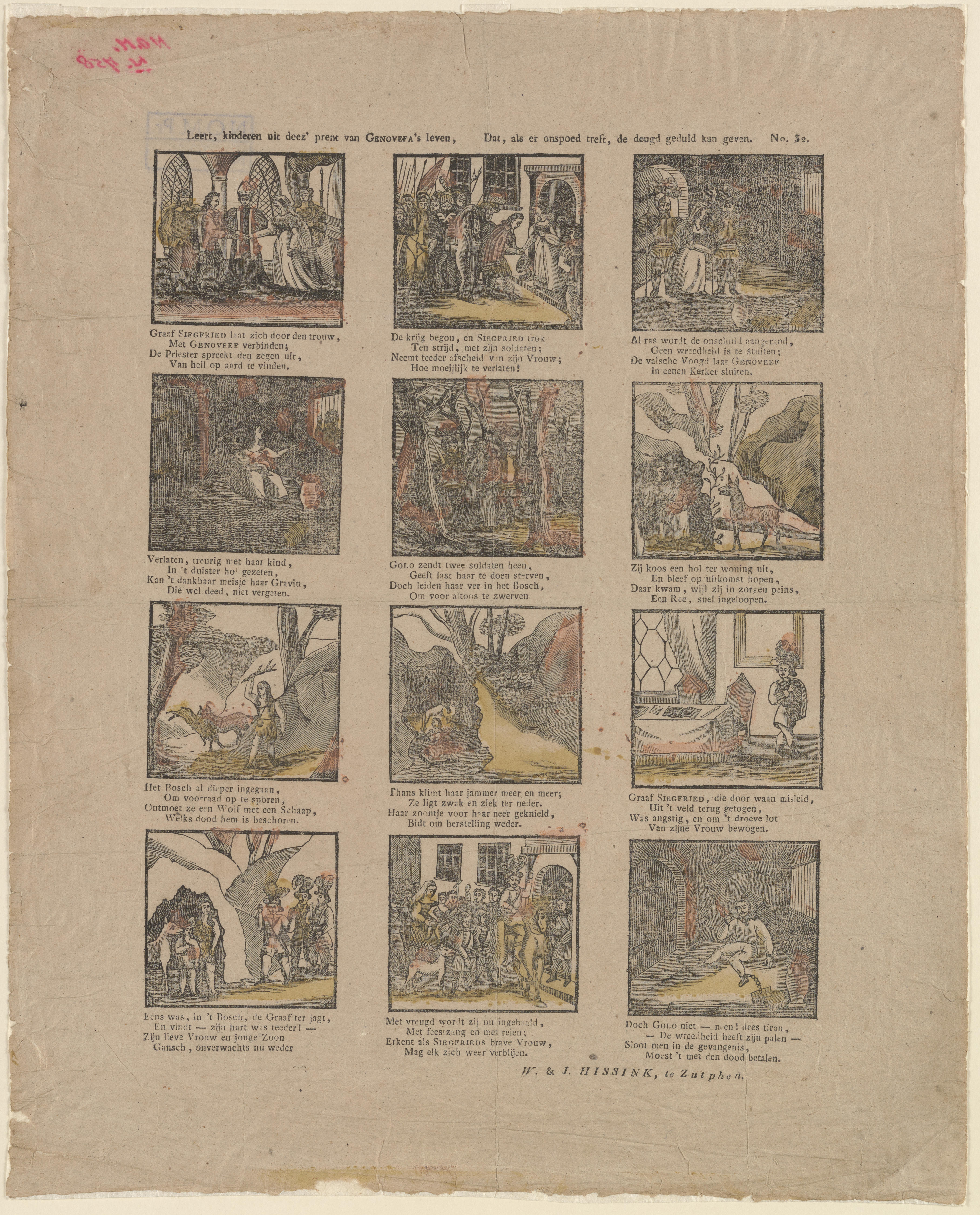 Leert, kinderen uit deez' prent van Genoveva's leven, Dat, als er onspoed treft, de deugd geduld kan geven. - No.32.