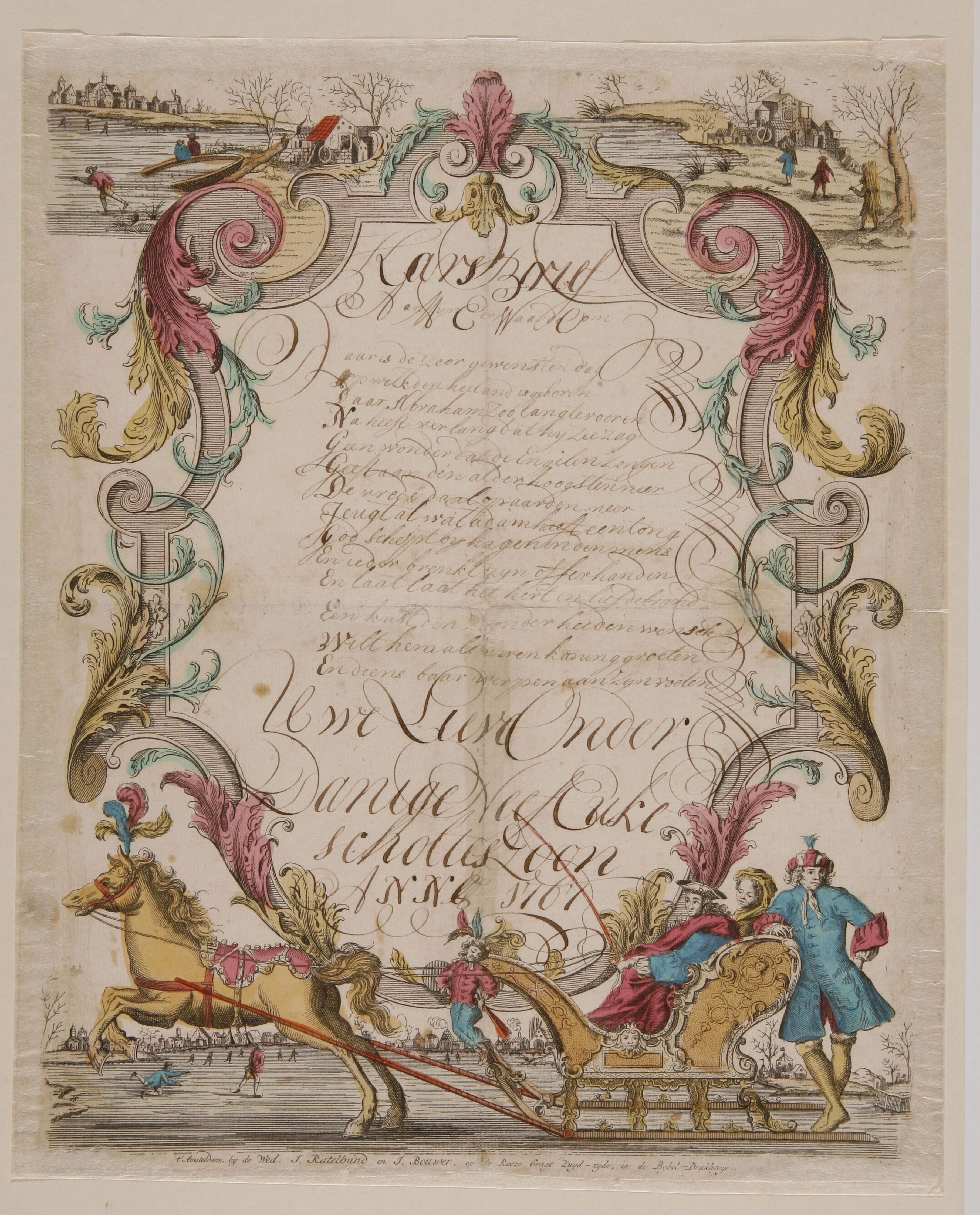 Hangeschreven kerstwens op papier met voorgedrukte omlijsting, 1767