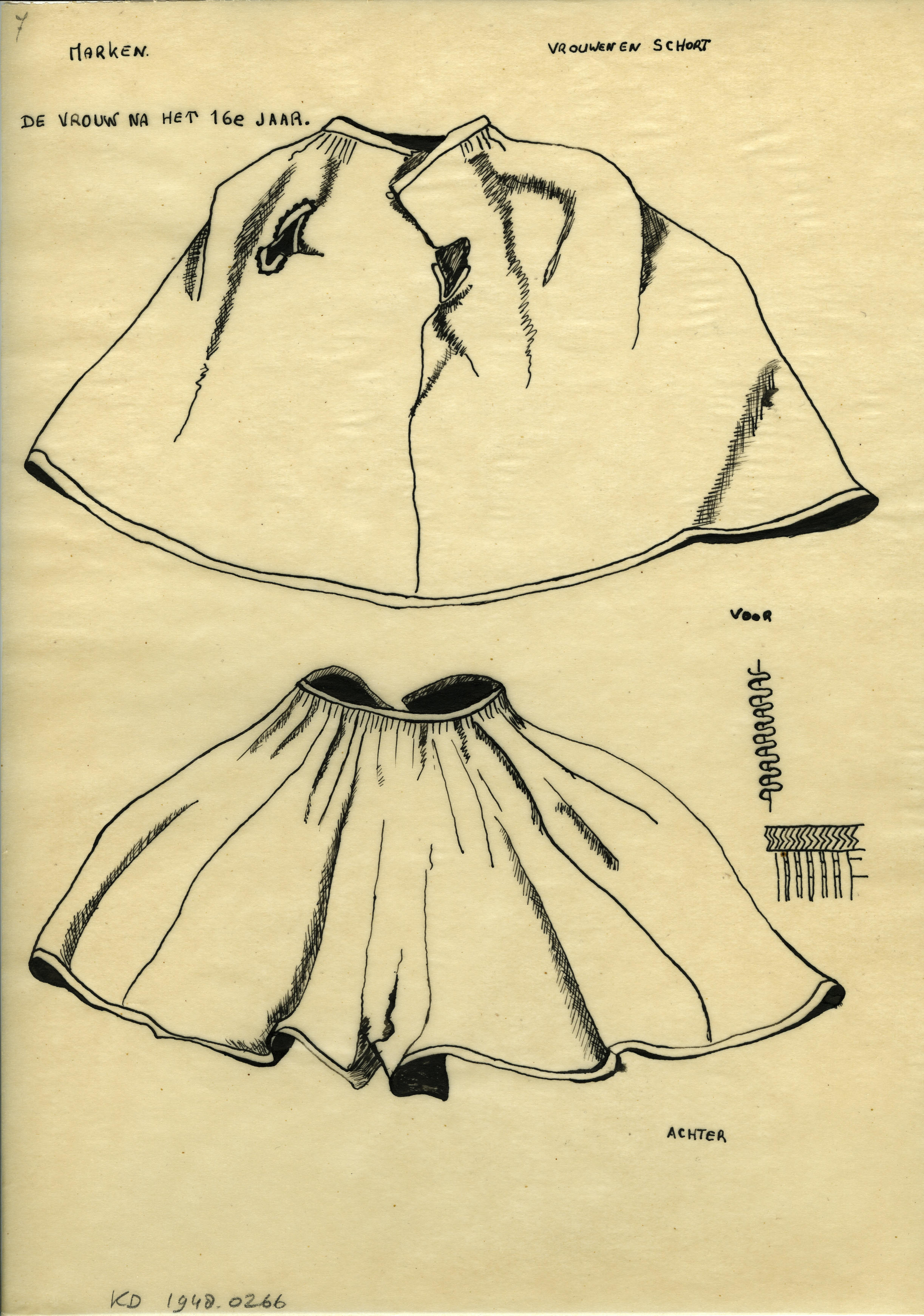 Tekening van een vrouwenschort, Marken (patroontekening)