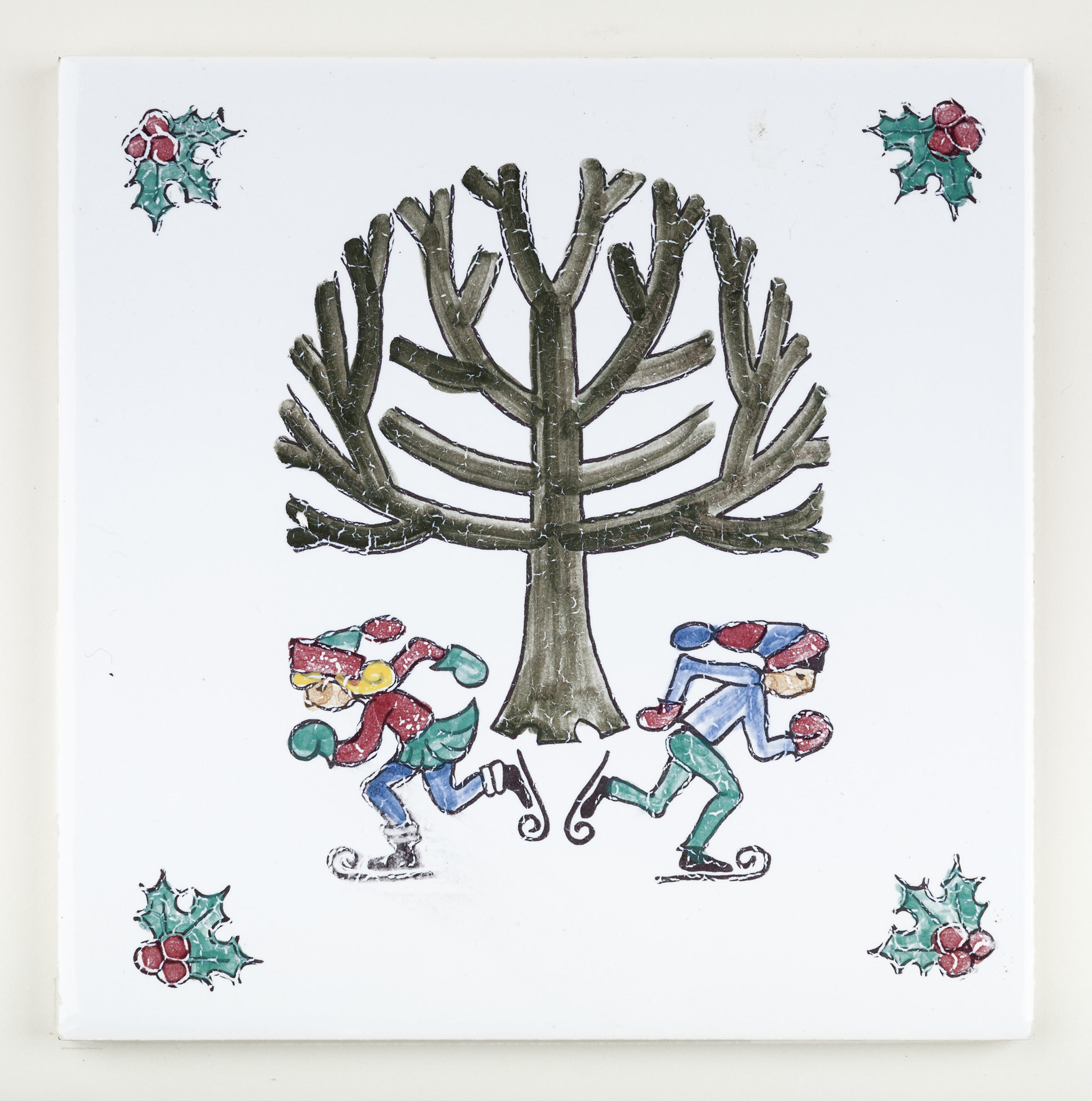 Tegel met een afbeelding van twee schaatsers, Delft, 1978