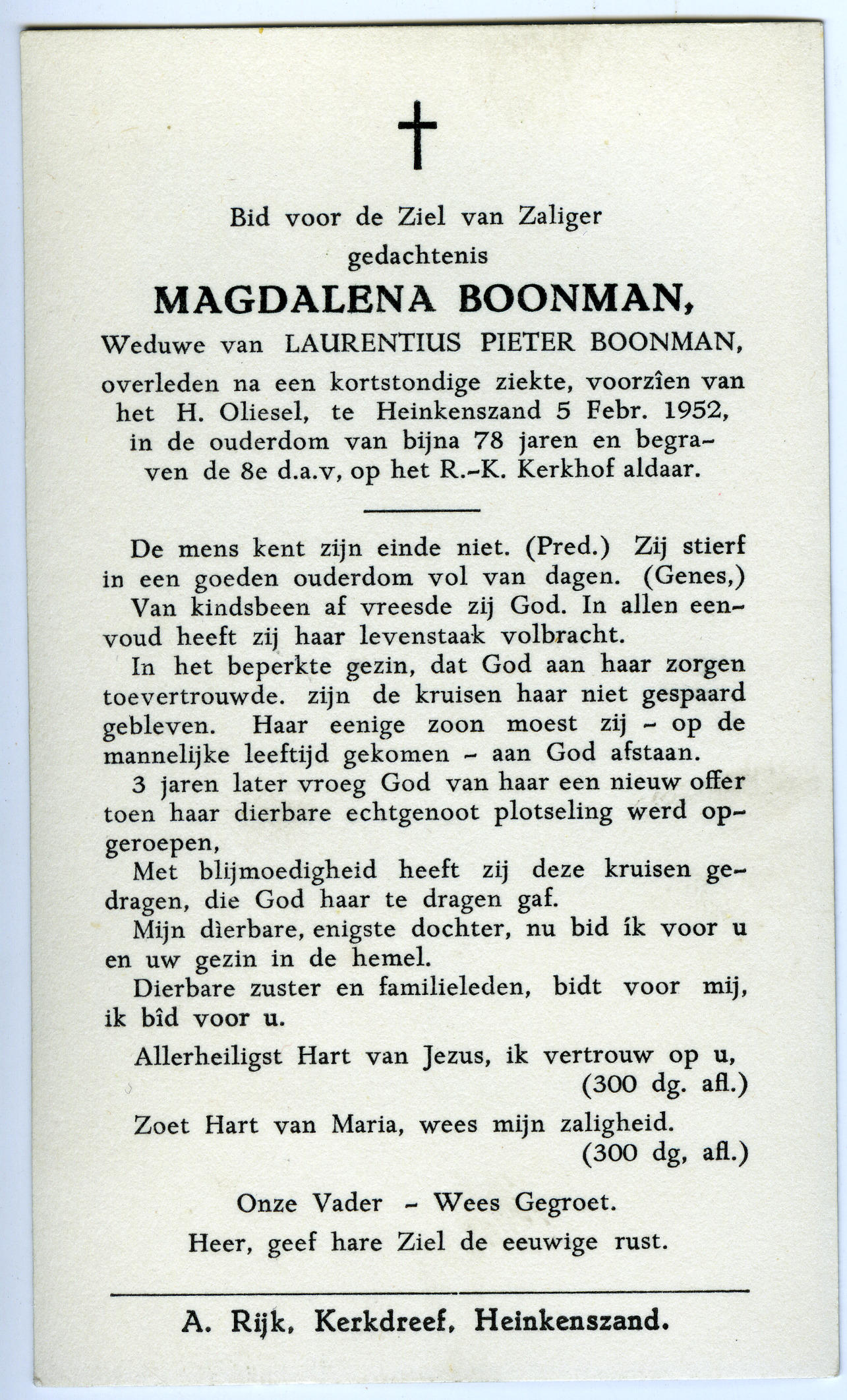Bidprentje van Magdalena Boonman, 1952 (bidprentje)