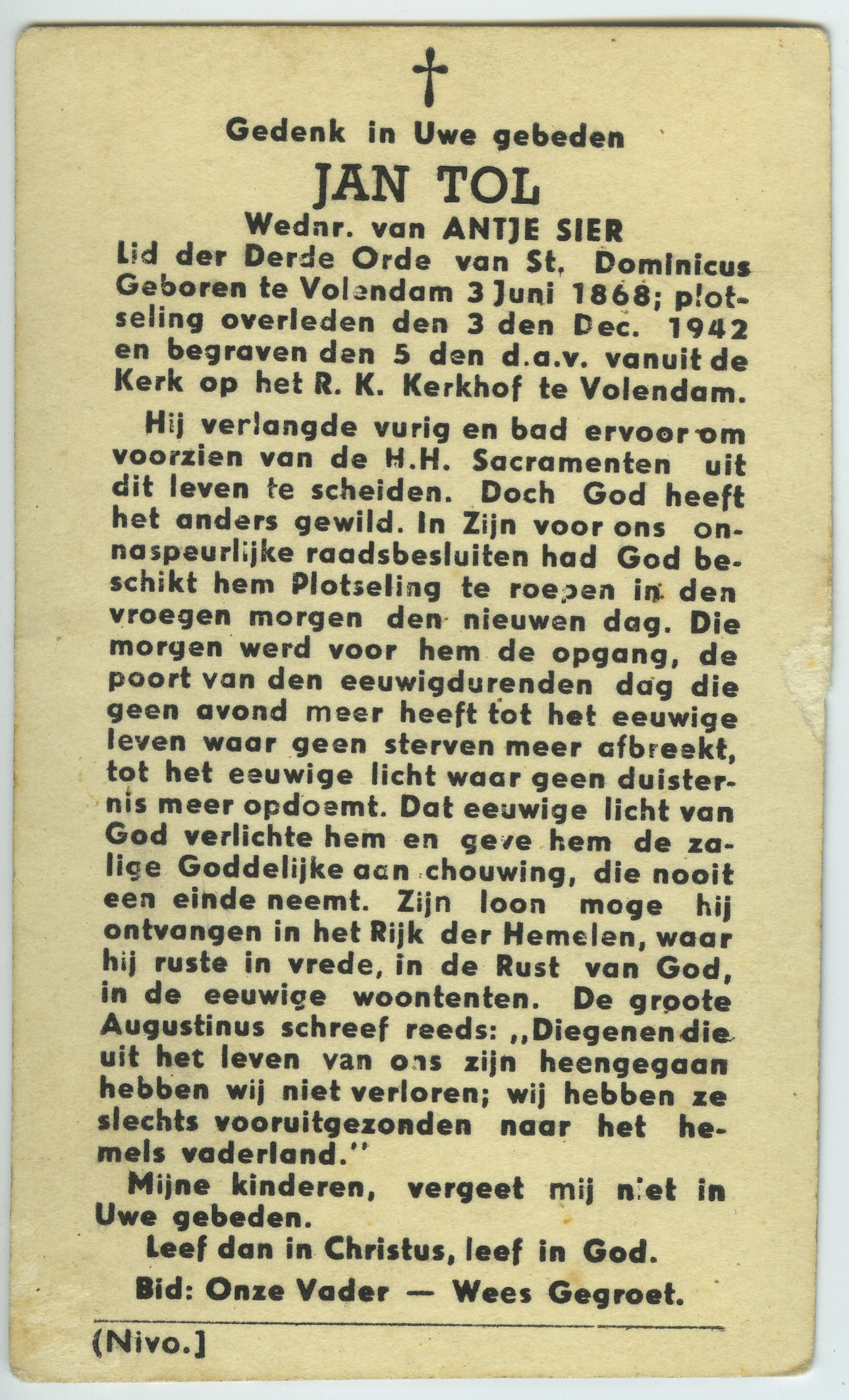 Bidprentje van Jan Tol, 1942 (bidprentje)