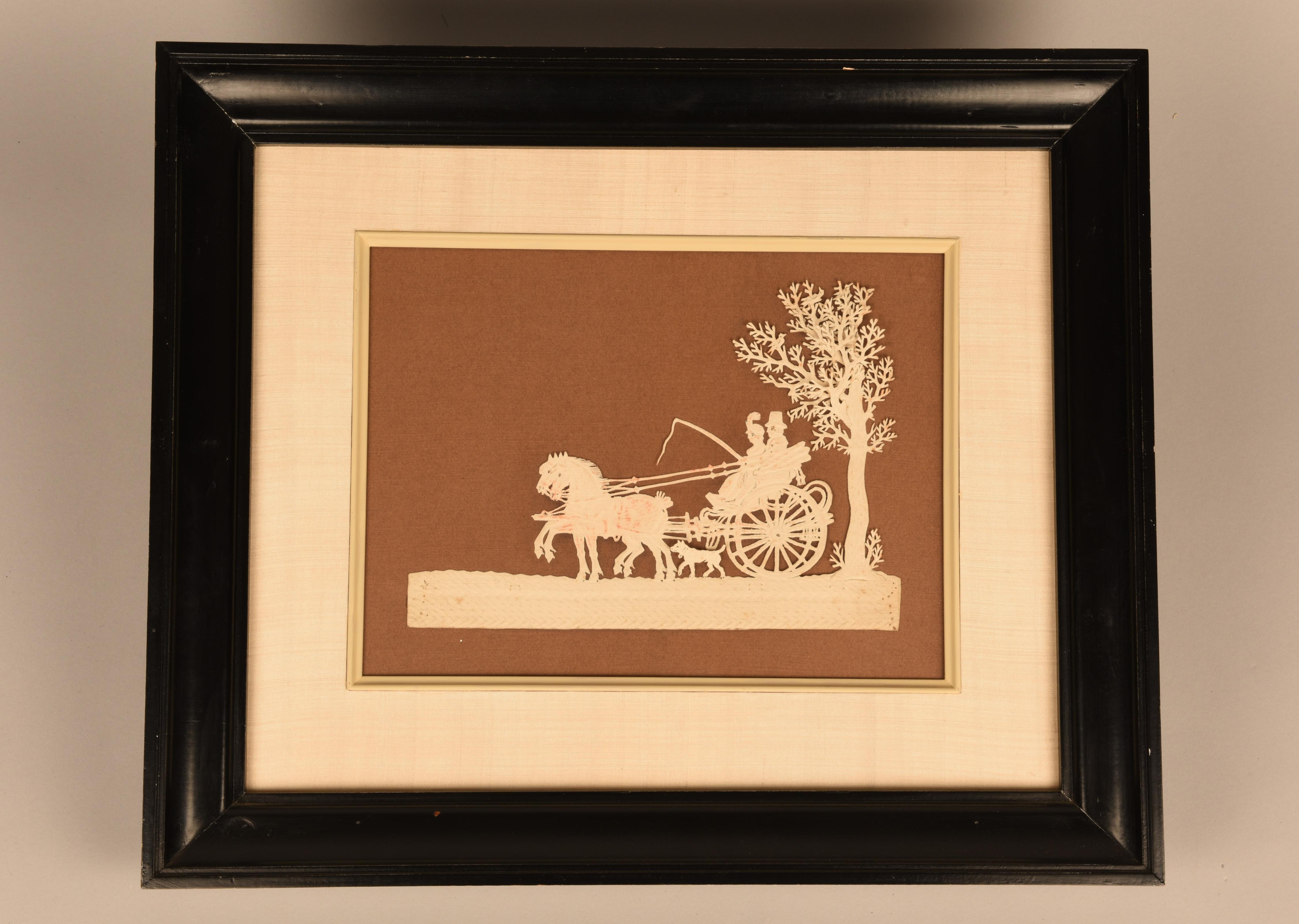 Knipwerk van een sjees met een vrouw, man, twee paarden en een hond, Pieter Reynders, circa 1800